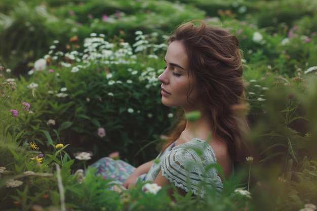 Woman with a peaceful gaze sitting in a circular flower bed garden