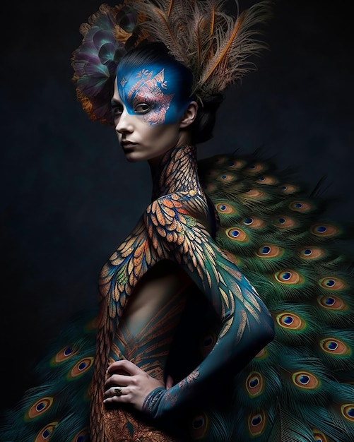 A woman with a peacock feather on her body