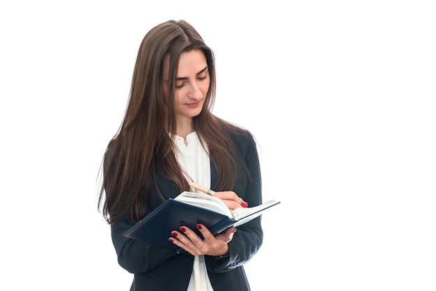 woman with pen and diary isolated on white