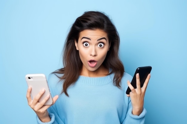 Woman with phone on blue background