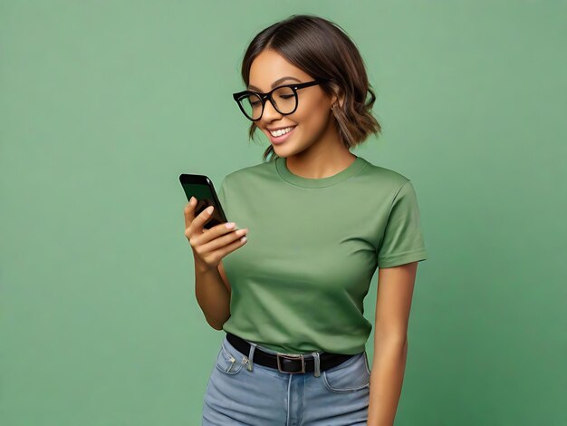 Foto donna con telefono su sfondo verde aigenerato