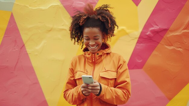 Photo woman with phone in hands smiling on vibrant background