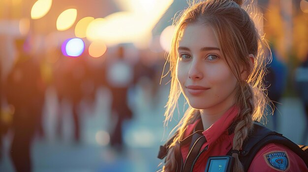 a woman with a phone in her hand is looking at the camera