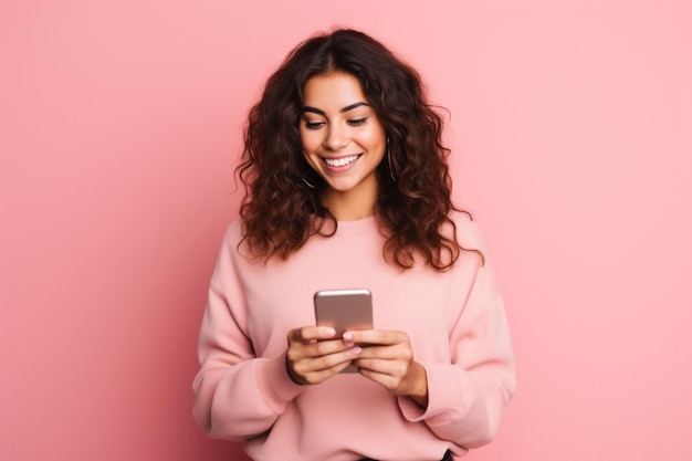 woman with phone on pink background