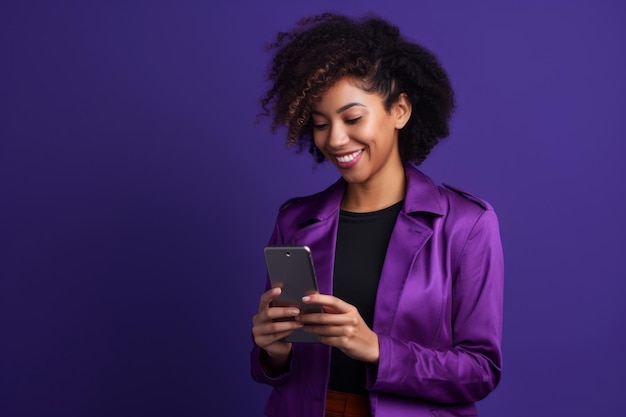 Женщина с телефоном на фиолетовом фоне