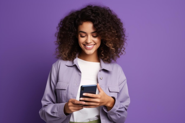 woman with phone on purple background