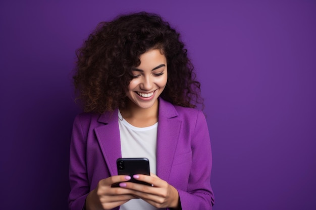 woman with phone on purple background