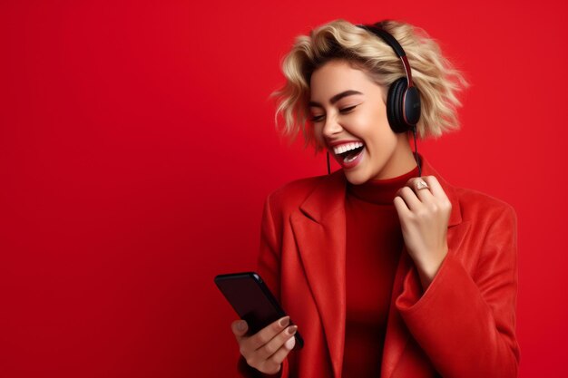 Woman with phone on red background