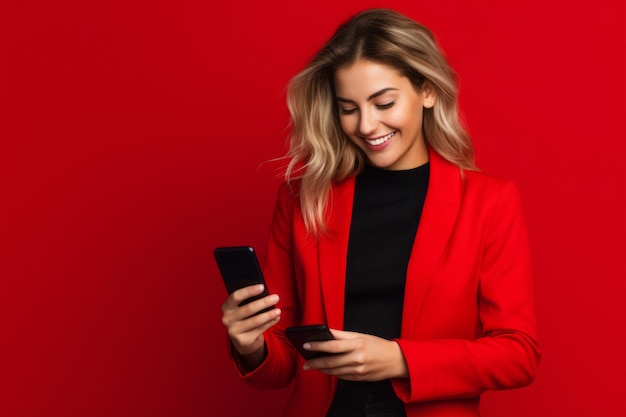 Женщина с телефоном на красном фоне