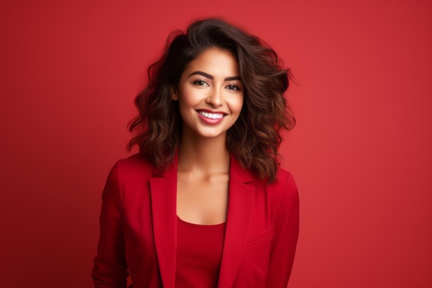 woman with phone on red background