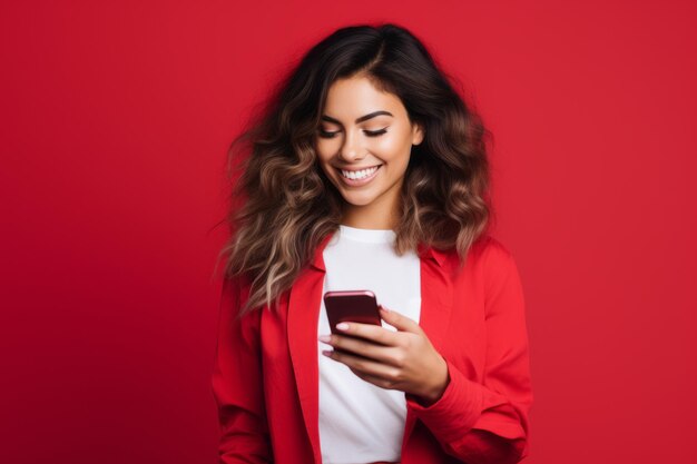 Woman with phone on red background