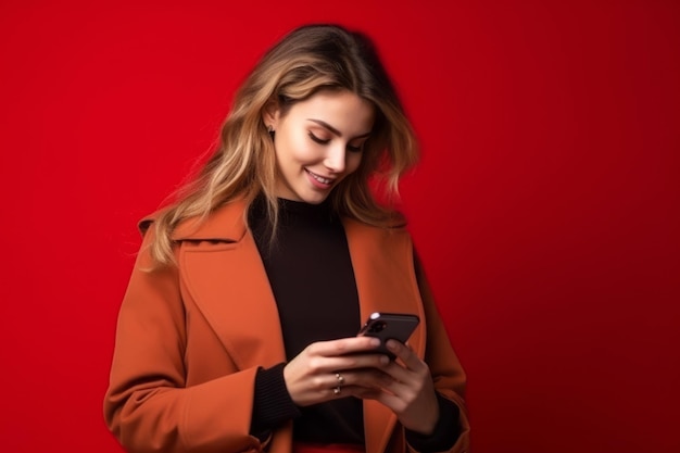 woman with phone on red background