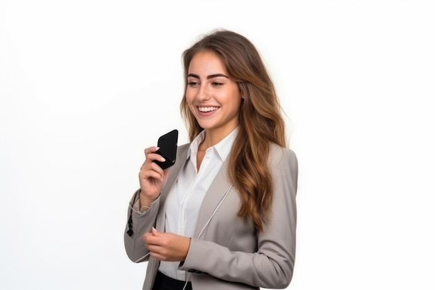 Woman with phone on white background