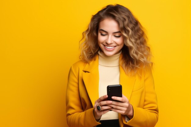 Woman with phone on yellow background