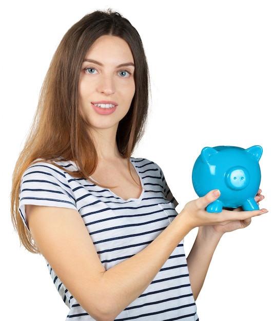 Woman with a piggy bank. Isolated over white background