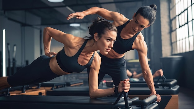 Woman with pilates trainer practising pilates