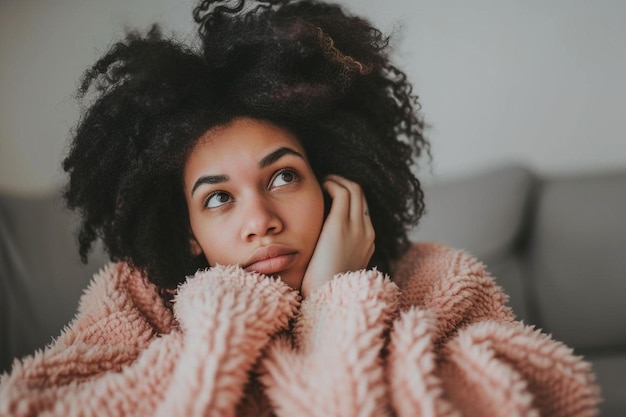 a woman with a pink blanket covering her face