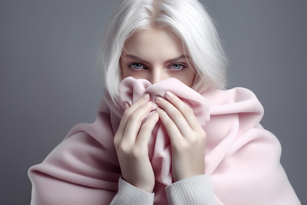 A woman with a pink blanket covering her mouth with a blanket.