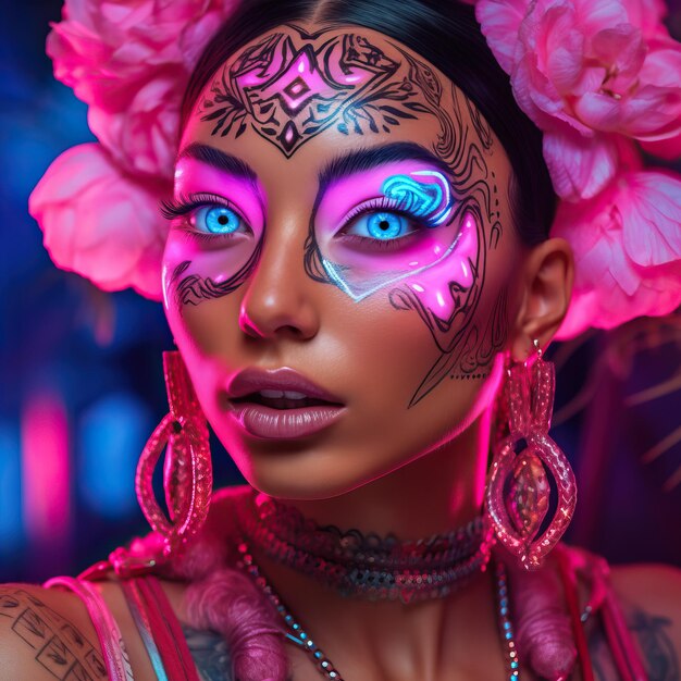 Premium Photo A woman with pink and blue face paint and flowers in