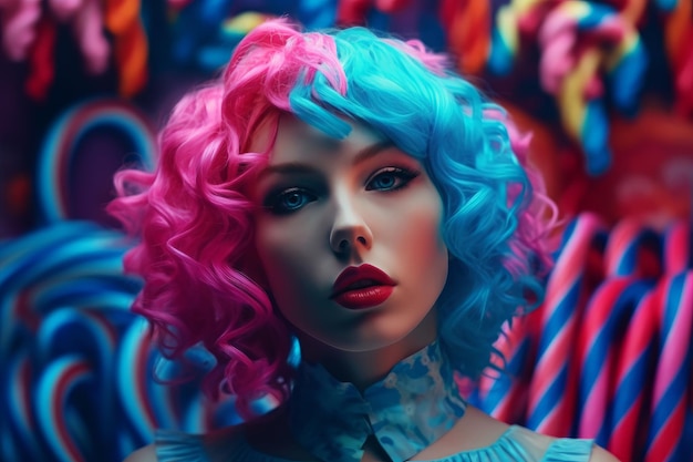 A woman with pink and blue hair and a blue wig