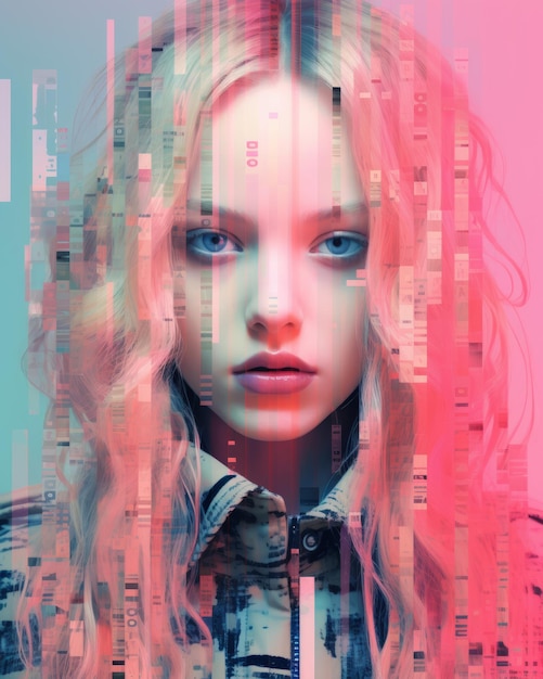 A woman with pink and blue hair in front of an abstract background