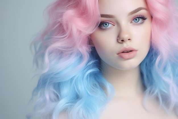 a woman with pink and blue hair and a pink lip