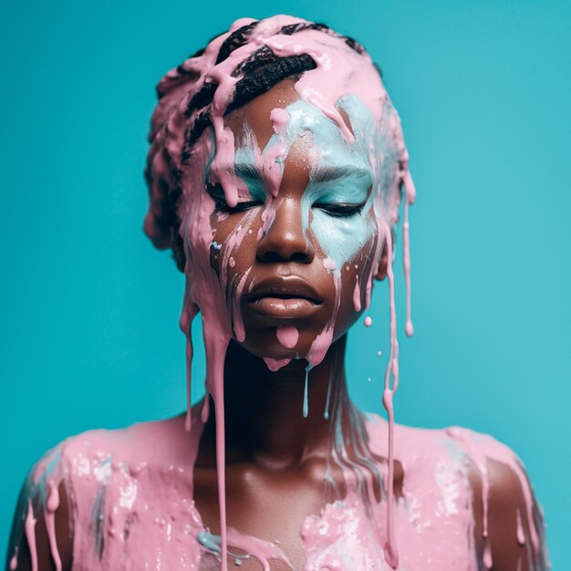 A woman with a pink and blue paint on her face