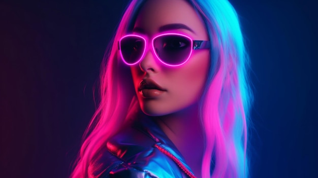 A woman with pink and blue sunglasses in front of a neon light.