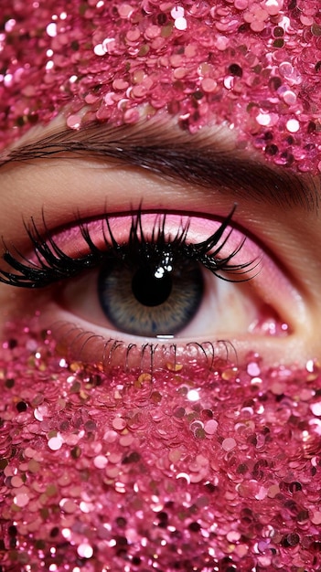 a woman with a pink eye and a glittery eye with a pink glitter effect.