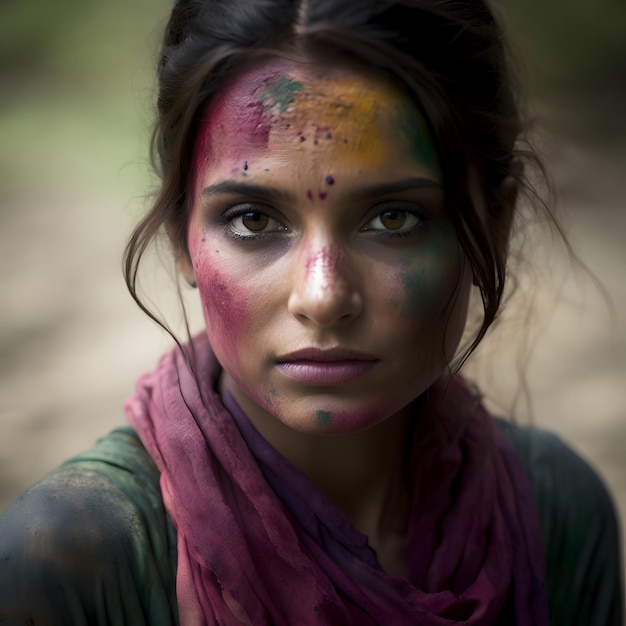 A woman with a pink face paint on her face is standing in the forest.