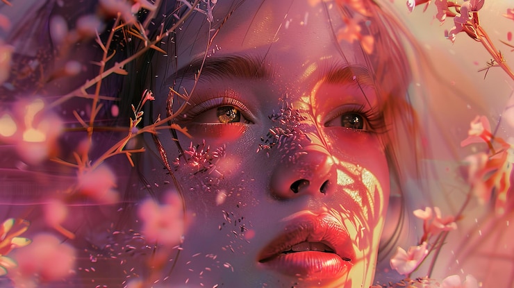 Photo 앞면 에 분홍색 얼굴 과 분홍색 과 보라색 꽃 을 가진 여자