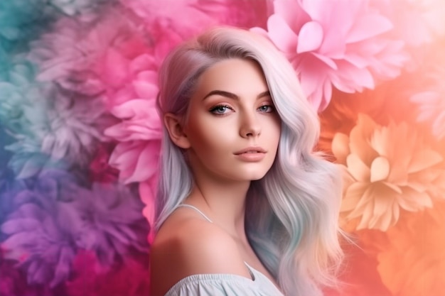 A woman with a pink flower background