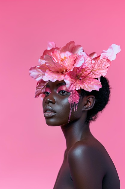 A woman with a pink flower headpiece on her head