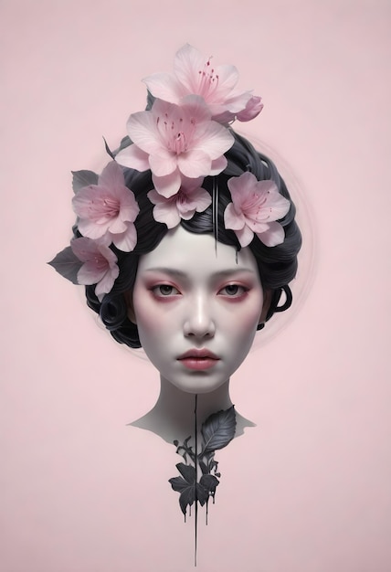 a woman with a pink flower on her head is shown in a picture