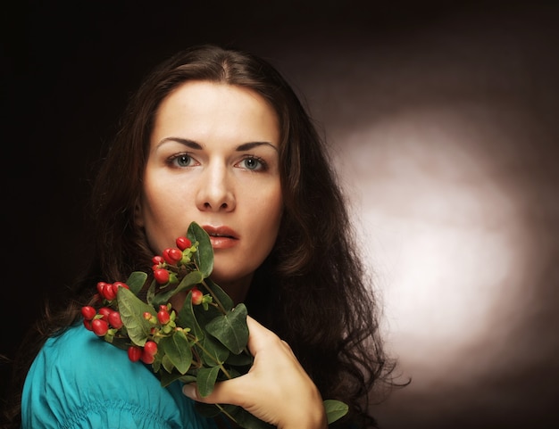 Woman with pink flowers. 