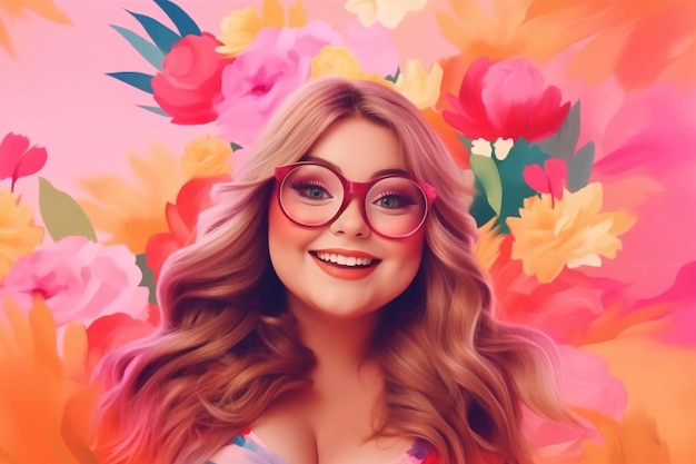 A woman with a pink glasses and a pink shirt