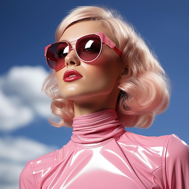 A woman with pink glasses posing outdoors with light behind her