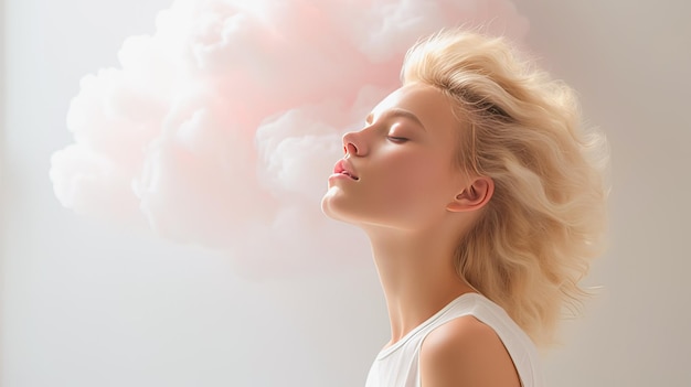 a woman with pink hair against a background of smoke