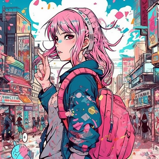 a woman with pink hair and a backpack walking down a street generative ai