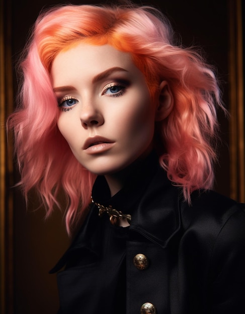 A woman with pink hair and a black coat