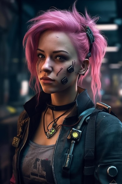 A woman with pink hair and a black jacket with a black leather jacket.