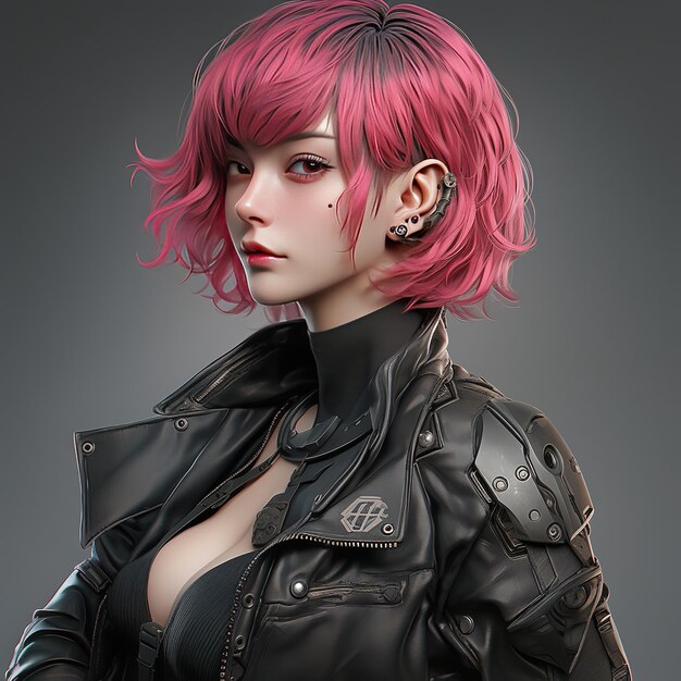 분홍색 머리에 검은 재킷을 입은 여성