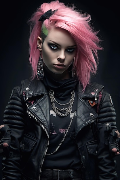 A woman with pink hair and a black shirt is posing in front of a dark background.