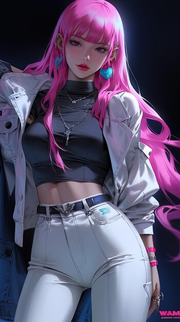 Photo a woman with pink hair and a black shirt with a blue and pink hair