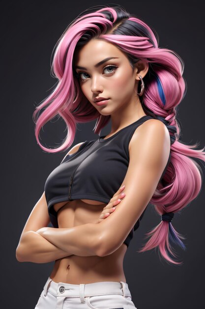 Photo a woman with pink hair and a black top is posing for a picture with her arms crossed and her arms fo