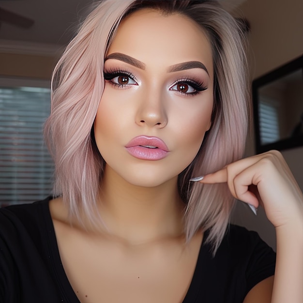 Photo a woman with pink hair and a black top is posing with a pink lip gloss.