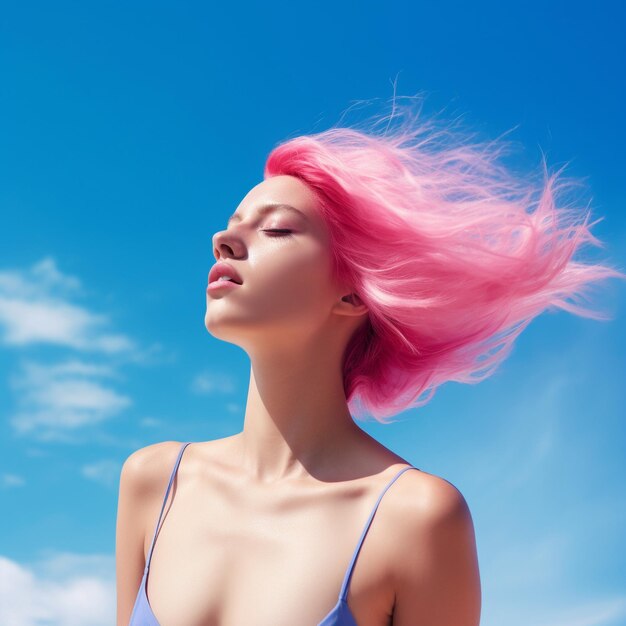 A woman with pink hair blowing in the wind