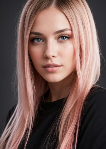 A woman with pink hair and blue eyes posing for a picture with a black background and a black backgr