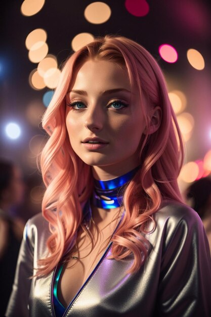 a woman with pink hair and a blue ribbon is standing in front of a colorful background.