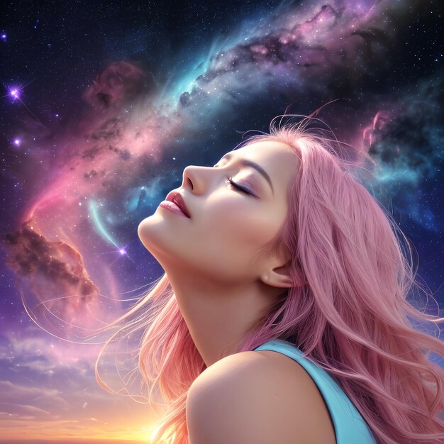 a woman with pink hair and a blue tank top looking up at the sky with a star in the background